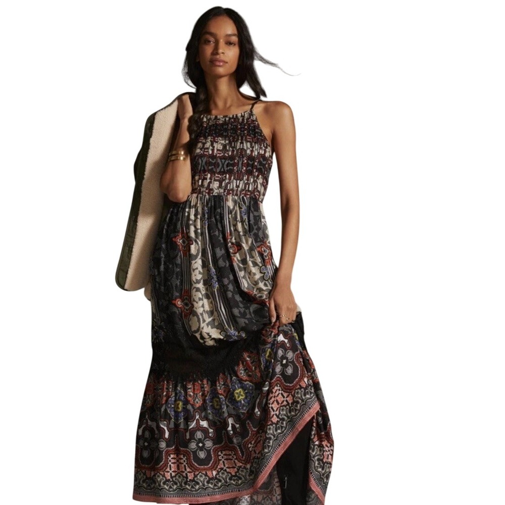 Anthropologie Bhanuni Jyoti Maxi Dress Tiered Black Floral Sz 0 Whimsigoth BOHO
